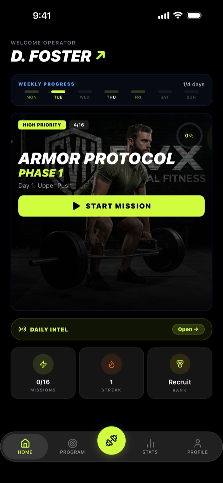 EVX app home: today's mission — Armor Protocol Phase 1, weekly progress and Start Mission button