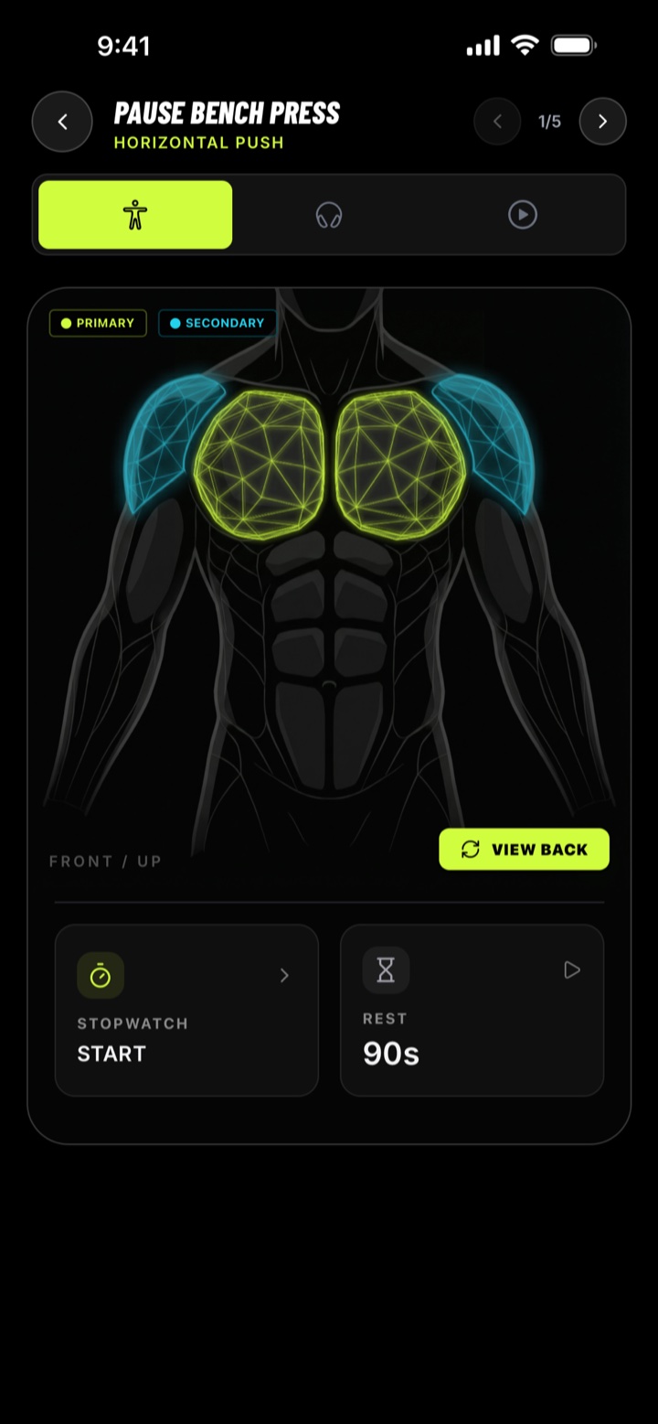 EVX app: anatomical map highlighting primary and secondary muscles engaged by the exercise