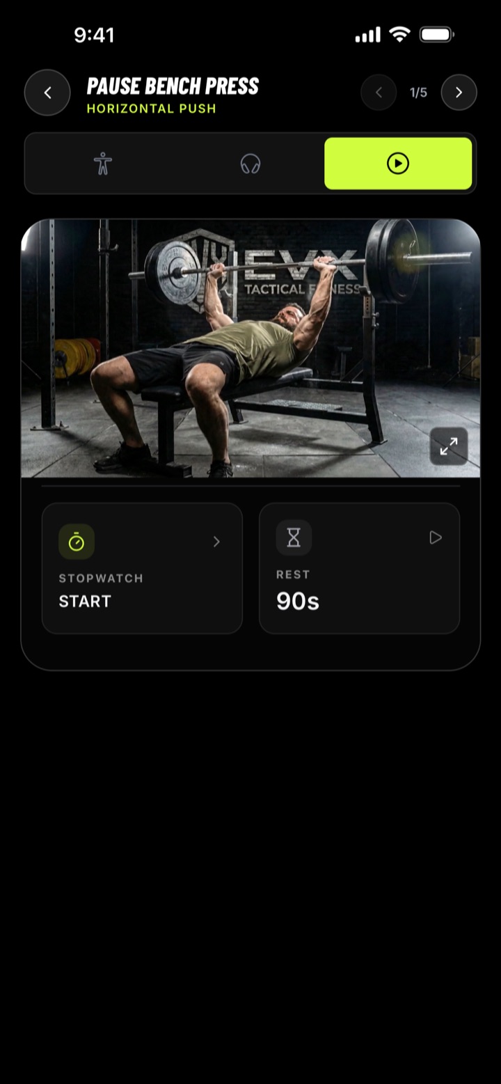 EVX app: pause bench press technique video with stopwatch and 90-second rest timer