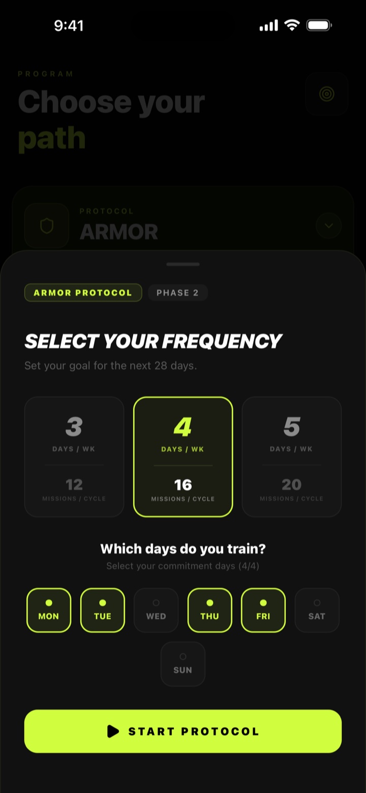 EVX app: 28-day cycle setup — choose 3, 4 or 5 training days per week and your mission target