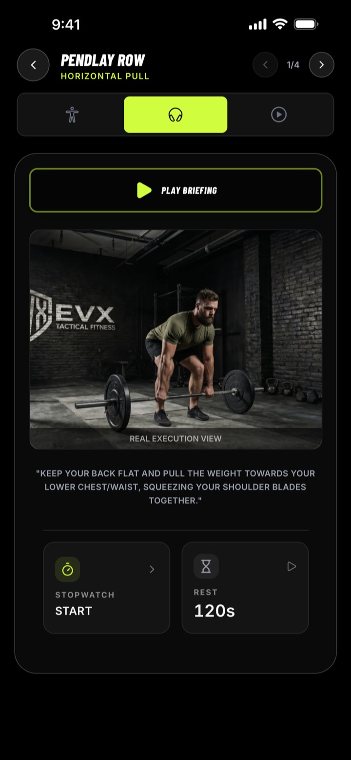 EVX app: Pendlay row briefing with real execution view, the key cue, stopwatch and rest timer