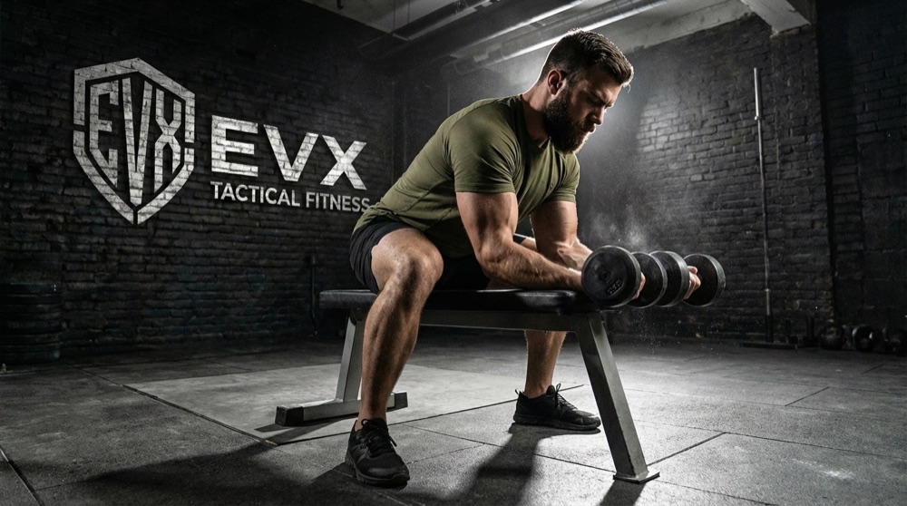 Man performing controlled dumbbell work on a bench in the EVX gym