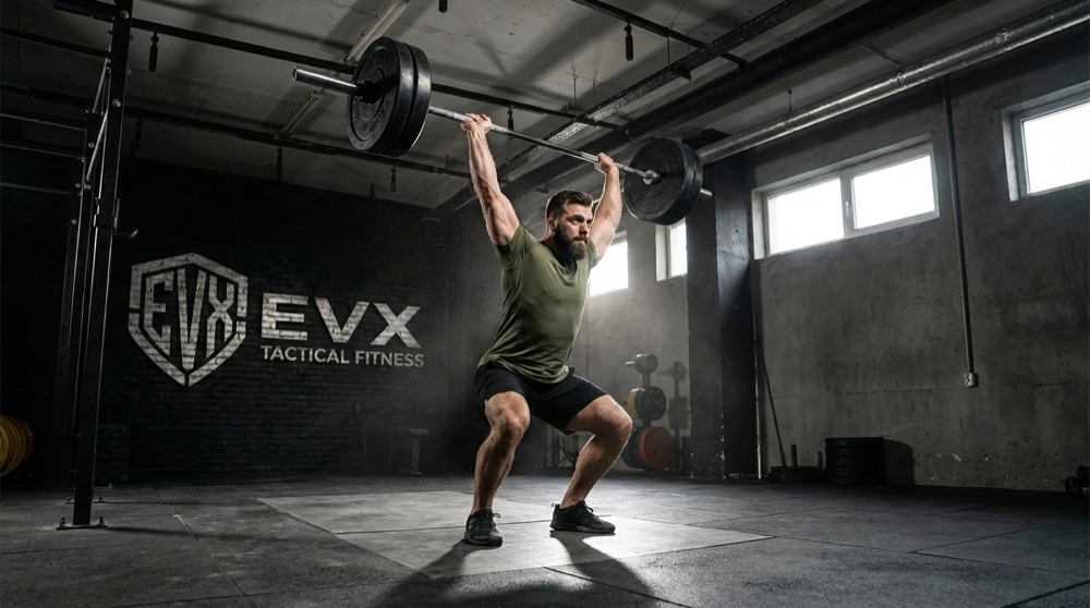 Man driving a loaded barbell overhead in the EVX gym